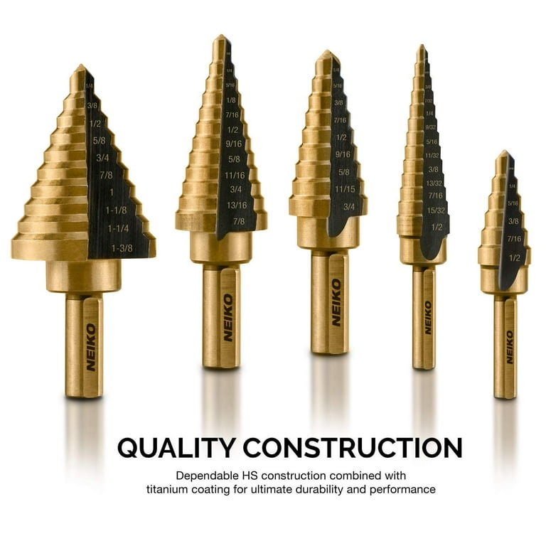 NEIKO 10197A 5 Pc Titanium Steel Step Drill Bit Set, 50 SAE Sizes, 1/8" – 1-3/8