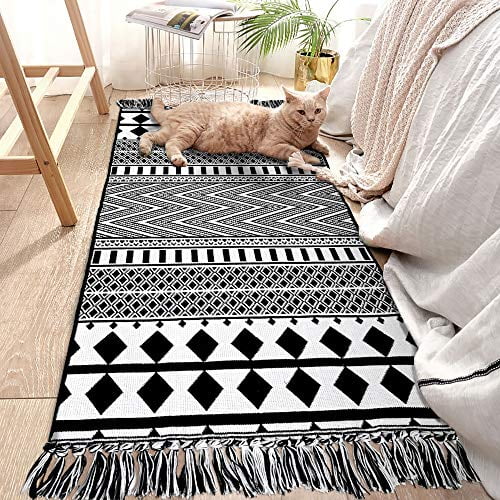 Upgraded Boho Bathroom Rug 2'x4.3', Boho Runner Rug Geometric Black