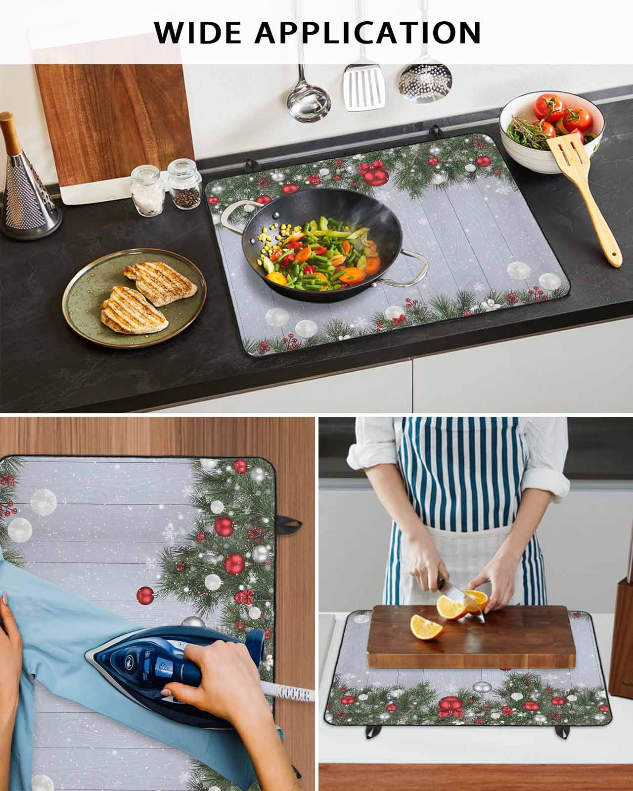 Large Induction Cooktop Protector Mat Christmas Stove Top Covers for Electric Stove, Winter Xmas Balls Pine Branches Wooden Grain Decorative Stove Burner Cover Mats, Glass Top Stove Cover