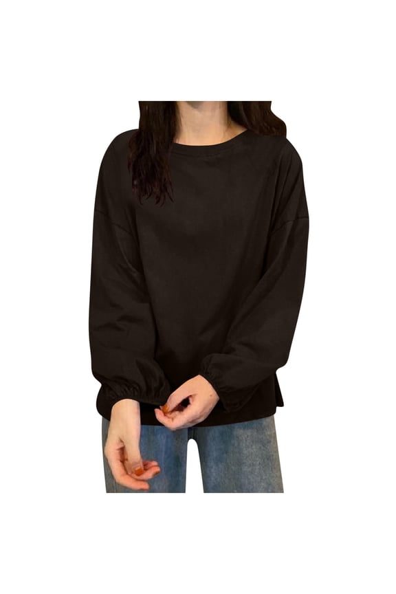 Womens Trendy Solid Color Comfy Sweatshirts Blouses for Women Womens Casual And Fashionable Loose Round Neck Solid Color Pullover Long Sleeved Shirt Top