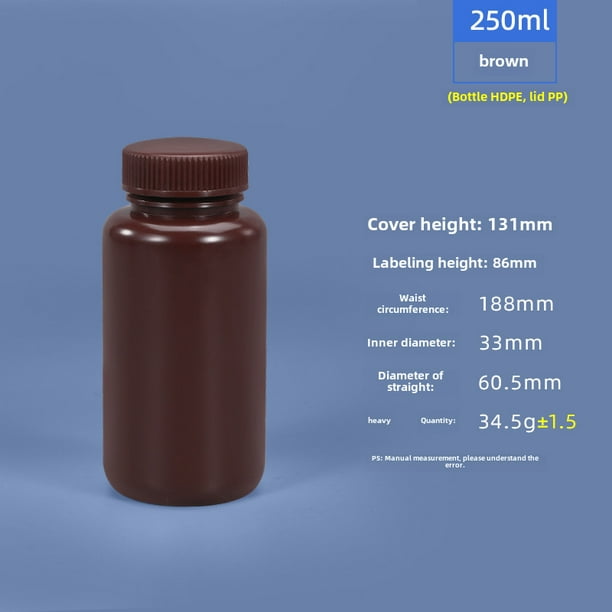 Botella de boca ancha sellada de 5ML-1L, transparente, marrón, resistente a altas temperaturas, a prueba de luz, botella de plástico PP de grado alimenticio para productos químicos