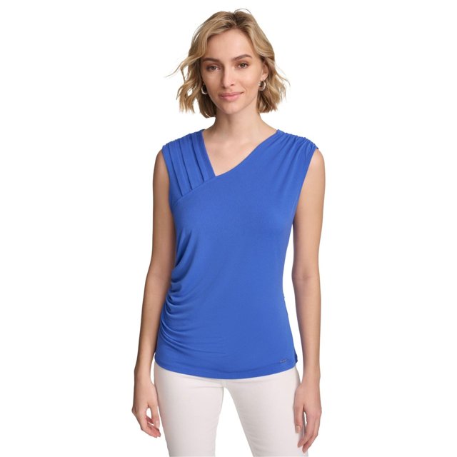Calvin Klein Maillot à Encolure Asymétrique pour Femmes, Bleu, Grand