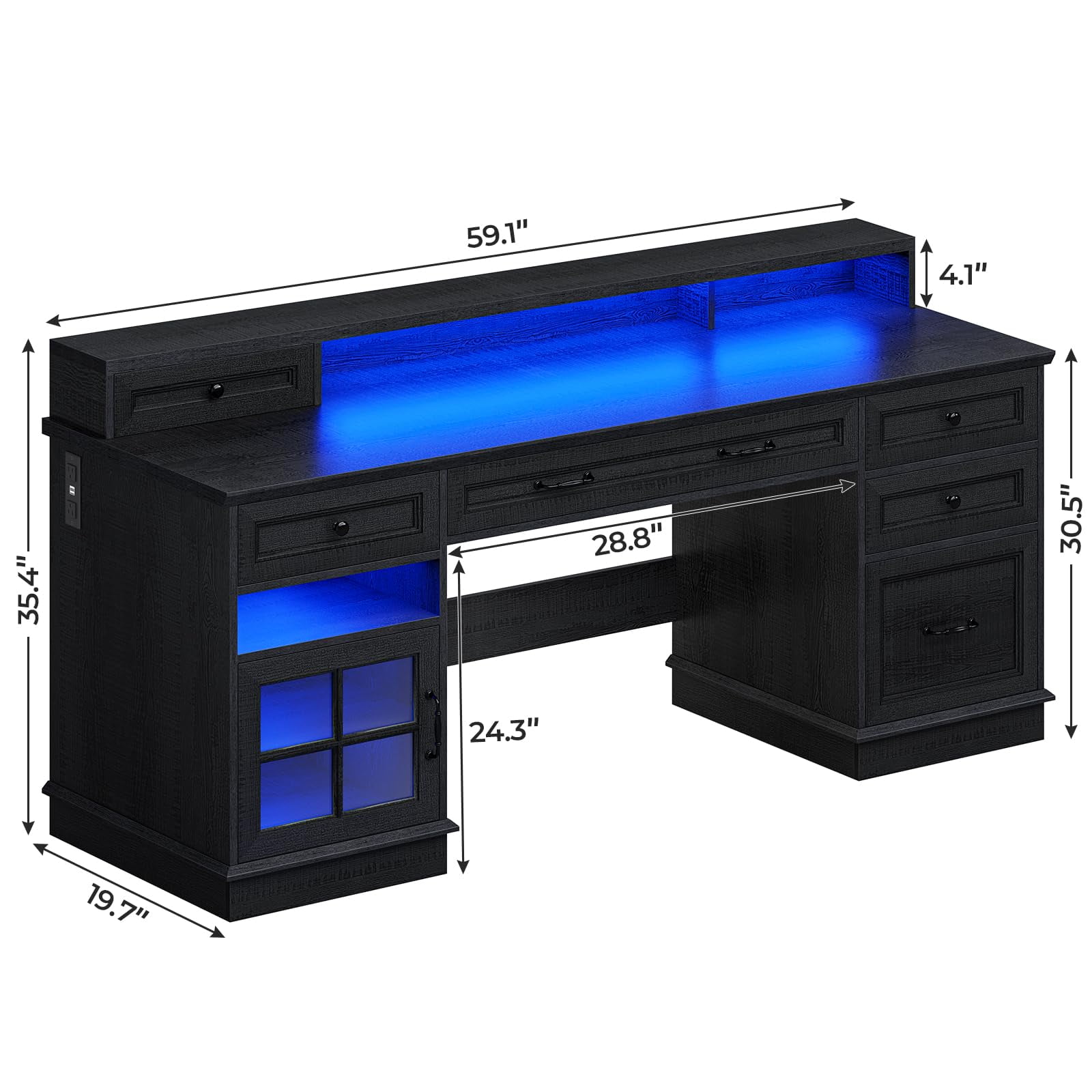 Plonmago Computer Desk with Charging Station & LED Lights, Black Executive Desk with File Drawer, Home Office Desk with Drawers & Storage Cabinet, Executive Office Desk with Monitor Stand