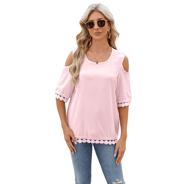 Blusa de Verano de Corta con Hombros Descubiertos y Encaje Acampanado para Mujer Rosa XL