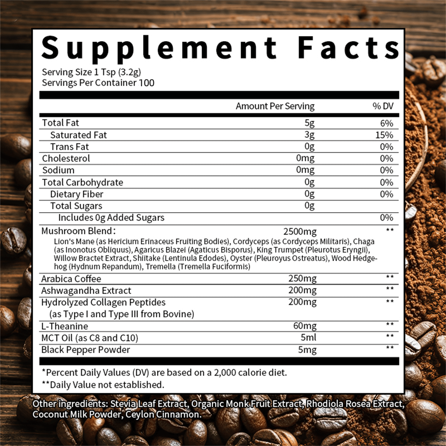 Mulittea Mushroom Coffee with Ashwagandha & Collagen – Lion's Mane, Cordyceps & Chaga Blend for Energy & Immune Support, Focus & Mental Clarity - Sugar-Free Instant Coffee Powder -100 Servings