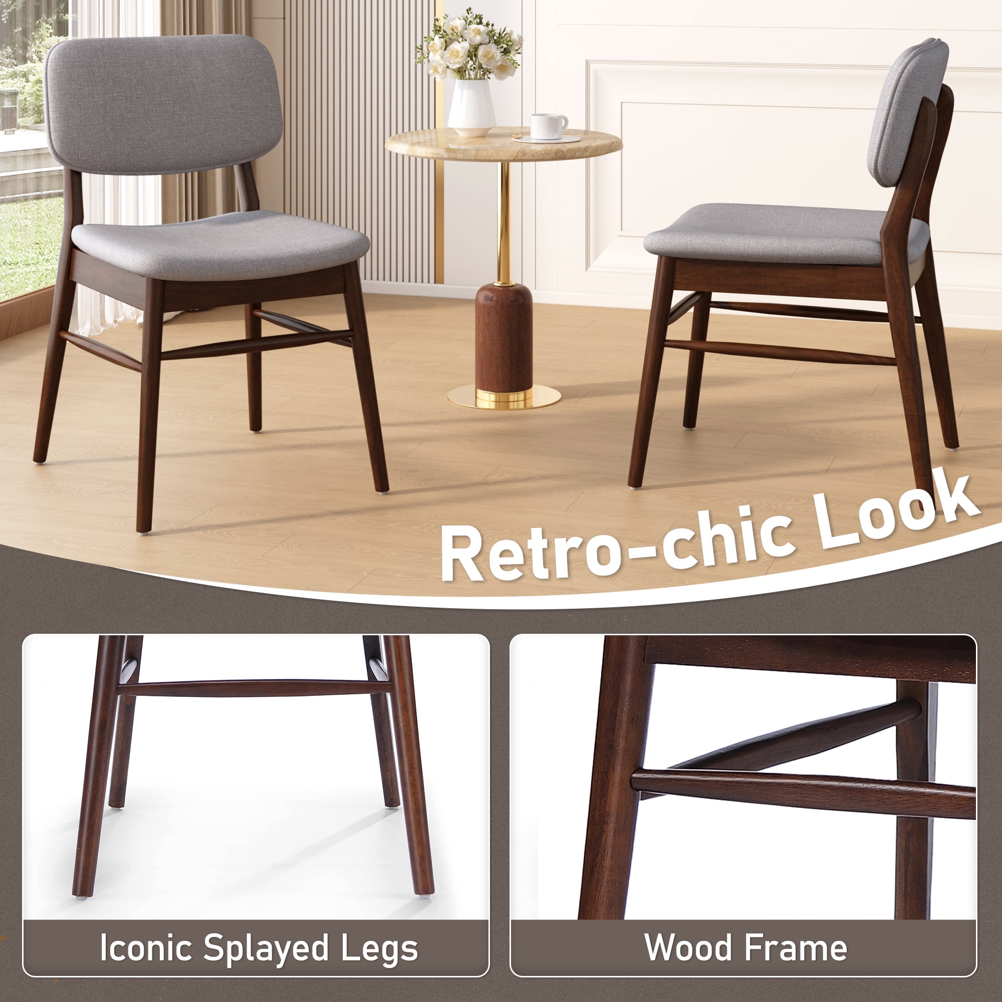 Euroco Wooden Dining Chairs Set of 2, Mid-Century Modern Upholstered Kitchen Side Chairs with Rubberwood Frame for Home,Walnut+Light Gray
