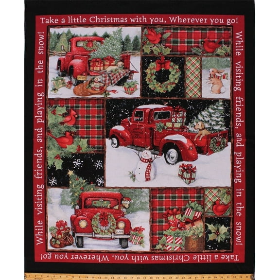 36" X 44" Panel Red Trucks Christmas Gifts Presents Trees Bunnies Winter Holiday Collage Red Cotton Fabric Panel (66689-A620715)