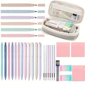 34PCS Aesthetic Pencil Case Supplies Cute Pencil Case Supplies with 6 Pastel Highlighters 6 Black Gel Pens 6 Mechanical Pencils College Essentials Bible Study Journaling Kit Birthday Gifts
