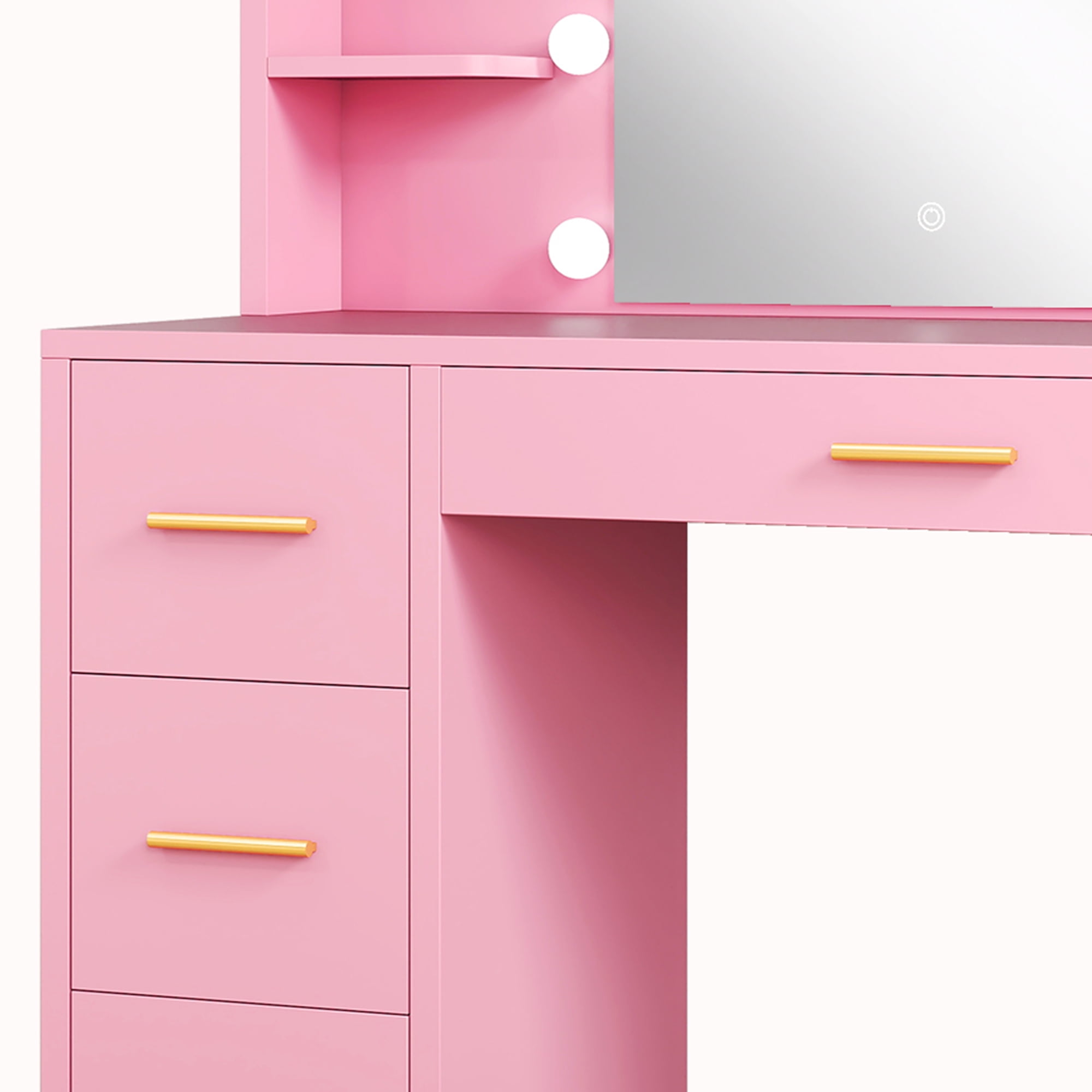 Uforic Engineered Wood 40" Pink Makeup Vanity Desk with LED Mirror, 4 Drawers, Hair Dryer Holder, and Shelves