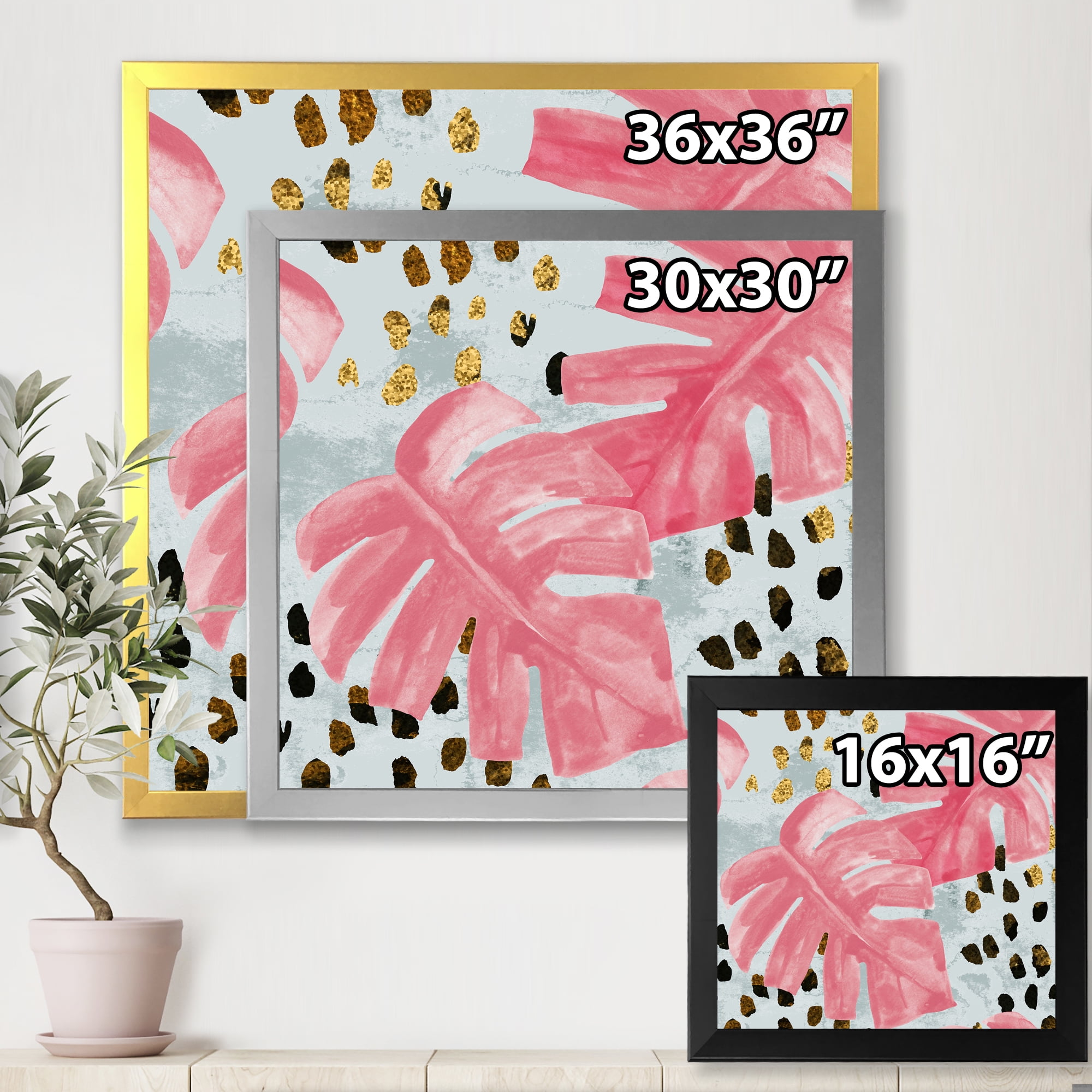 Designart 'Rough Brush Strokes Pink Colored Monstera II' Tropical Framed Art Print
