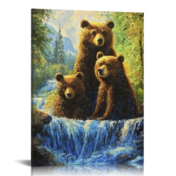 Creowell Bears Waterfall Painting Canvas Print Wall Decor for Home Living Room Bathroom Bedroom Office, Perfect Gift for Various Occasions 12x16in