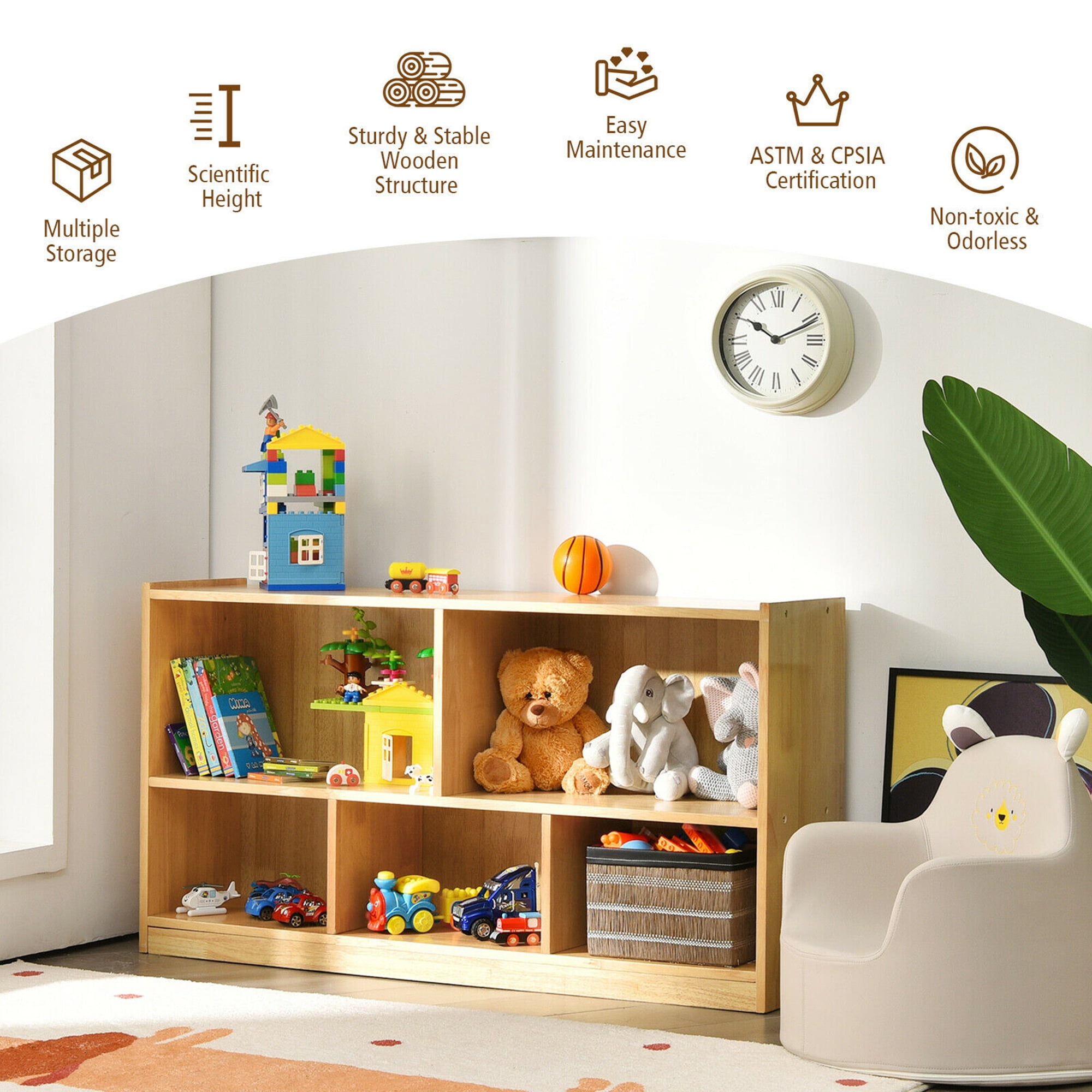 Gymax Kids 2-Shelf Wood Bookcase Organizer 5-Cube Storage Cabinet Natural