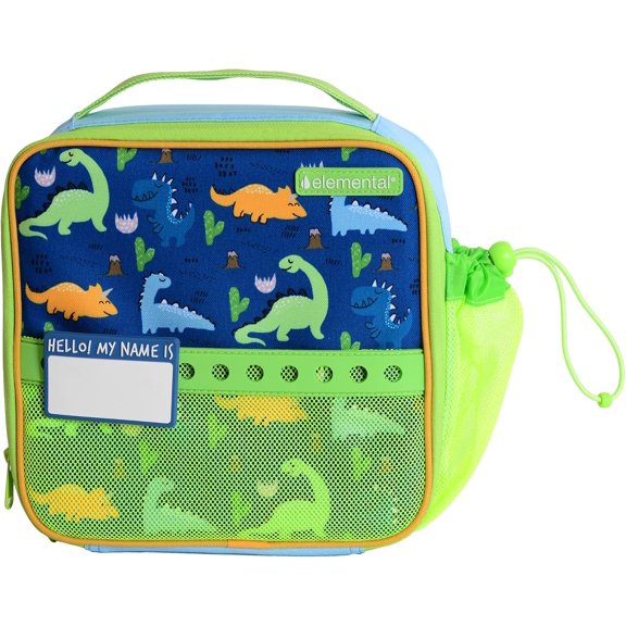 Elemental Insulated Lunch Bag for Kids, Water Bottle Pocket & Charm Band - Dinosaur