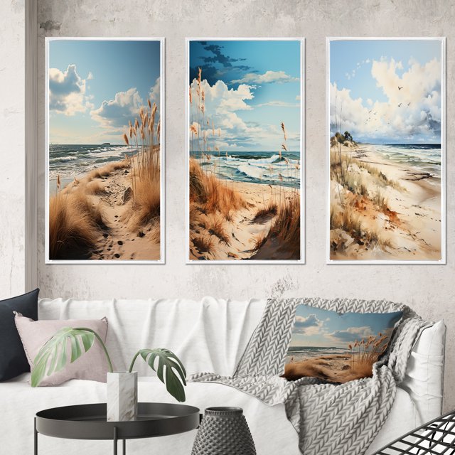 Designart "Beachside IV" Nautical & Beach Framed Wall Art Set Of 3 - Beige Beach Frame Gallery Set For Office Decor