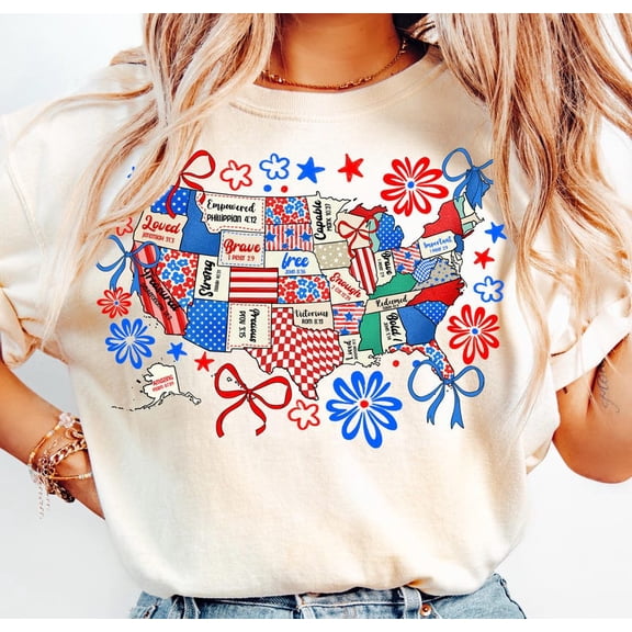 Christian Floral USA Map T-Shirt, Bible Verse Coquette Tee, Patriotic Faith Shirt, God Bless America Map Tee