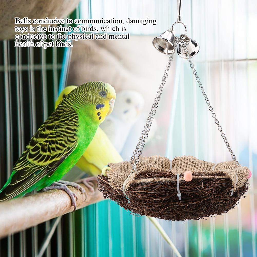 OTVIAP Rattan Birds Straw Nest Swing Hanging Toy with Three Chain Bells