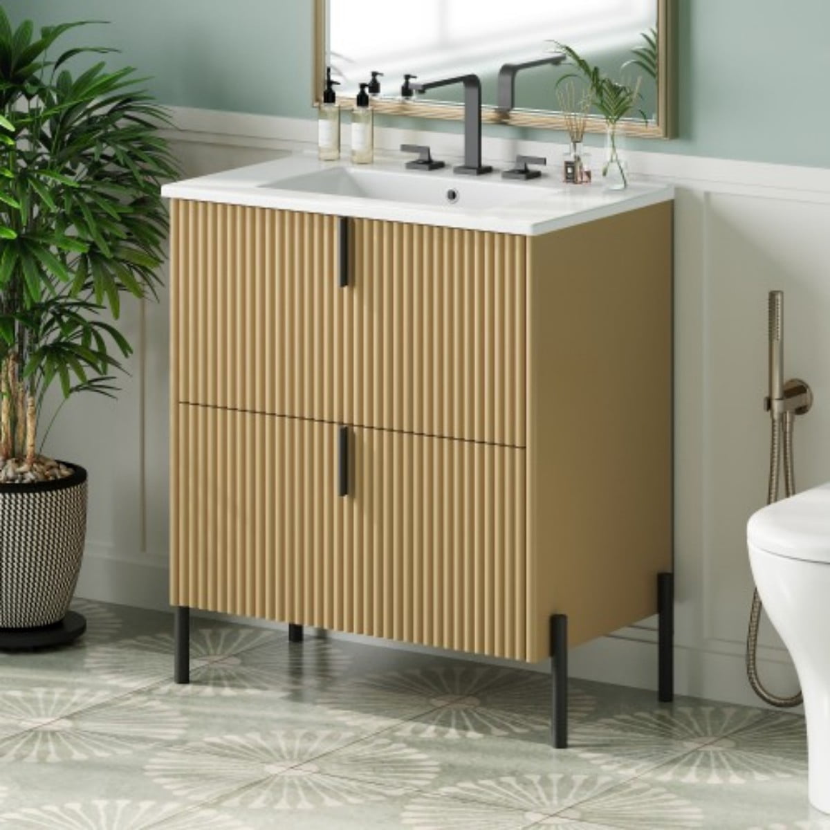 30" Bathroom Vanity with Ceramic Sink, Freestanding Bathroom Cabinet with Full Extension Drawers, Soft Close Slides, Fluted Design, Natural