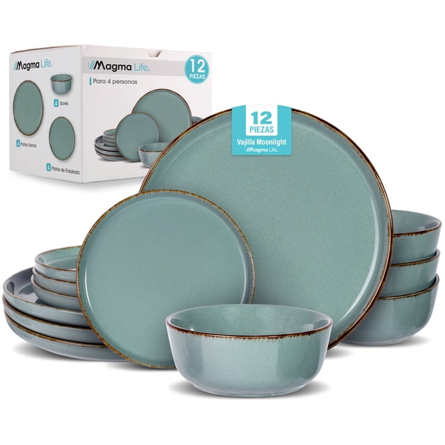 MAGMALIFE Vajilla Moonlight, Set De 12 Piezas De Gres Resistente A Rayaduras, Con Platos Grandes, Pequeños Y Tazones. Elegante, Duradera, Para 4 Personas, Apta Lavavajillas Y Microondas.