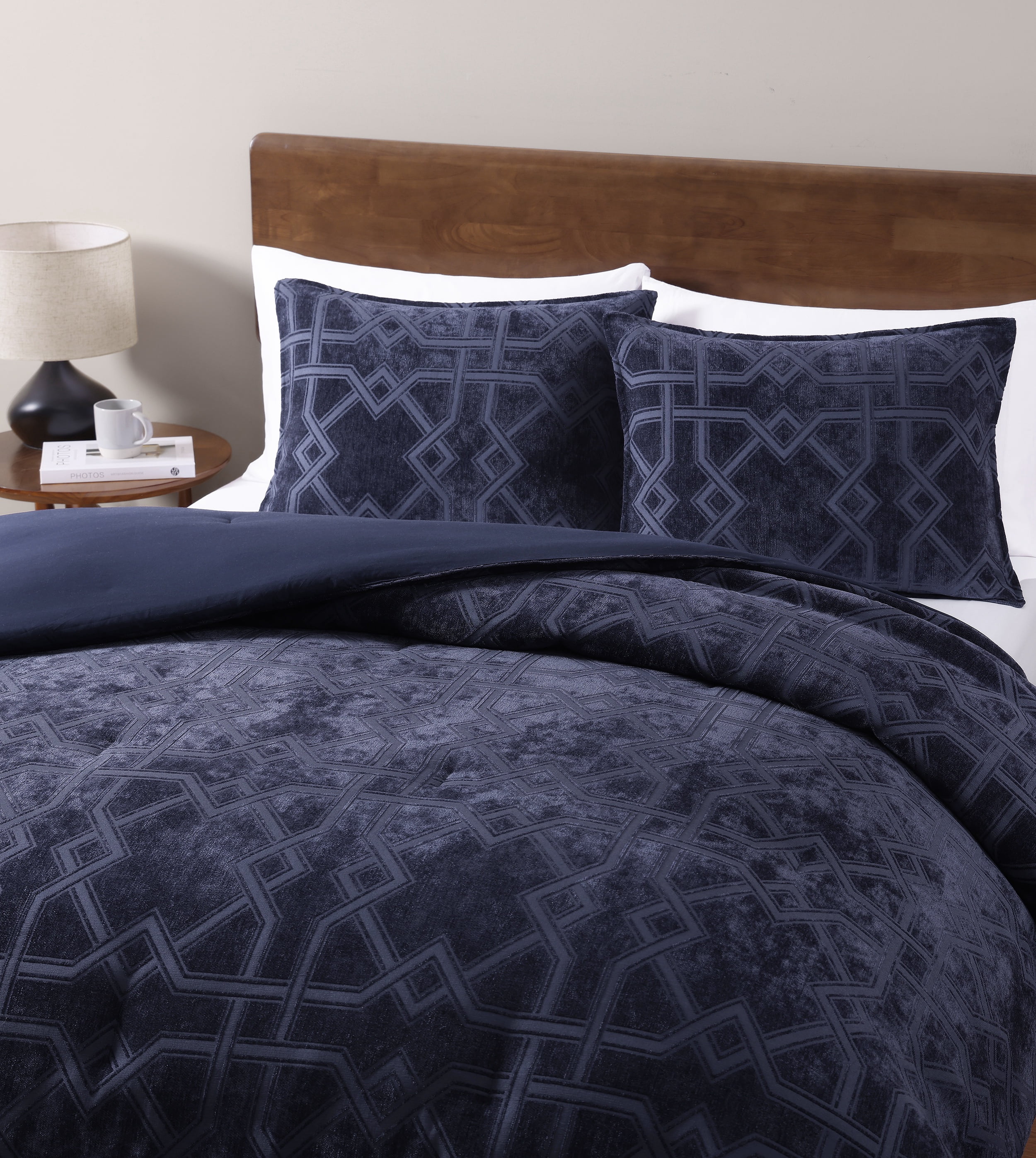 Blair Geo Navy Blue 3-Piece Soft Chenille Jacquard Comforter Set - King