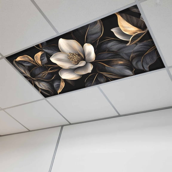 Black Gold Flower Fluorescent Light Covers, Gradient Luxurious Floral Botanical Magnetic Light Covers for Ceiling Lights, Fluorescent Ceiling Shade Filters for Classroom Bedroom Office 4x2Ft x 1PCS