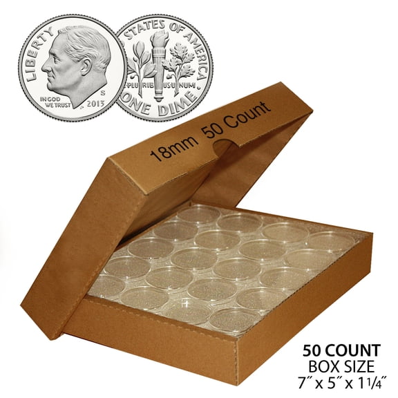 50 DIME Direct-Fit Airtight 18mm Coin Capsule Holder DIMES (QTY: 50) with BOX