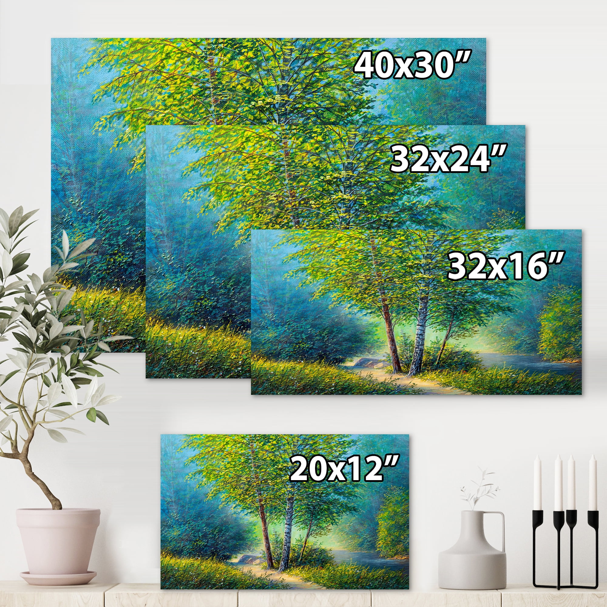 Designart ' Three Vibrant Green Trees By The River ' Lake House Canvas Wall Art Print