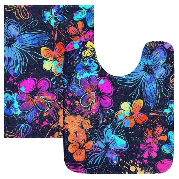 Toilet Rug Set Non-Slip Bathroom Rugs Soft Plush Machine Washable Contour Bath Mat Vibrant Neon Floral 24x20/24x16