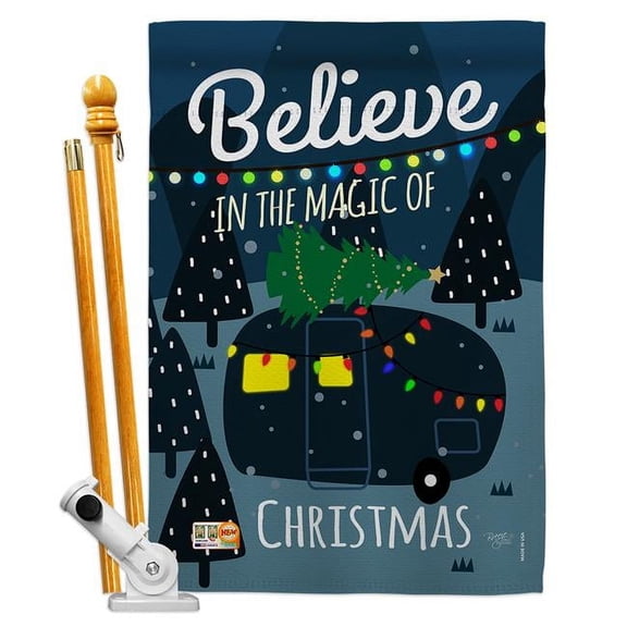 Breeze Decor BD-XM-HS-114152-IP-BO-D-US17-BD 28 x 40 in. Believe the Magic Trailer Winter Christmas Impressions Decorative Vertical Double Sided House Flag Set & Pole Bracket Hardware