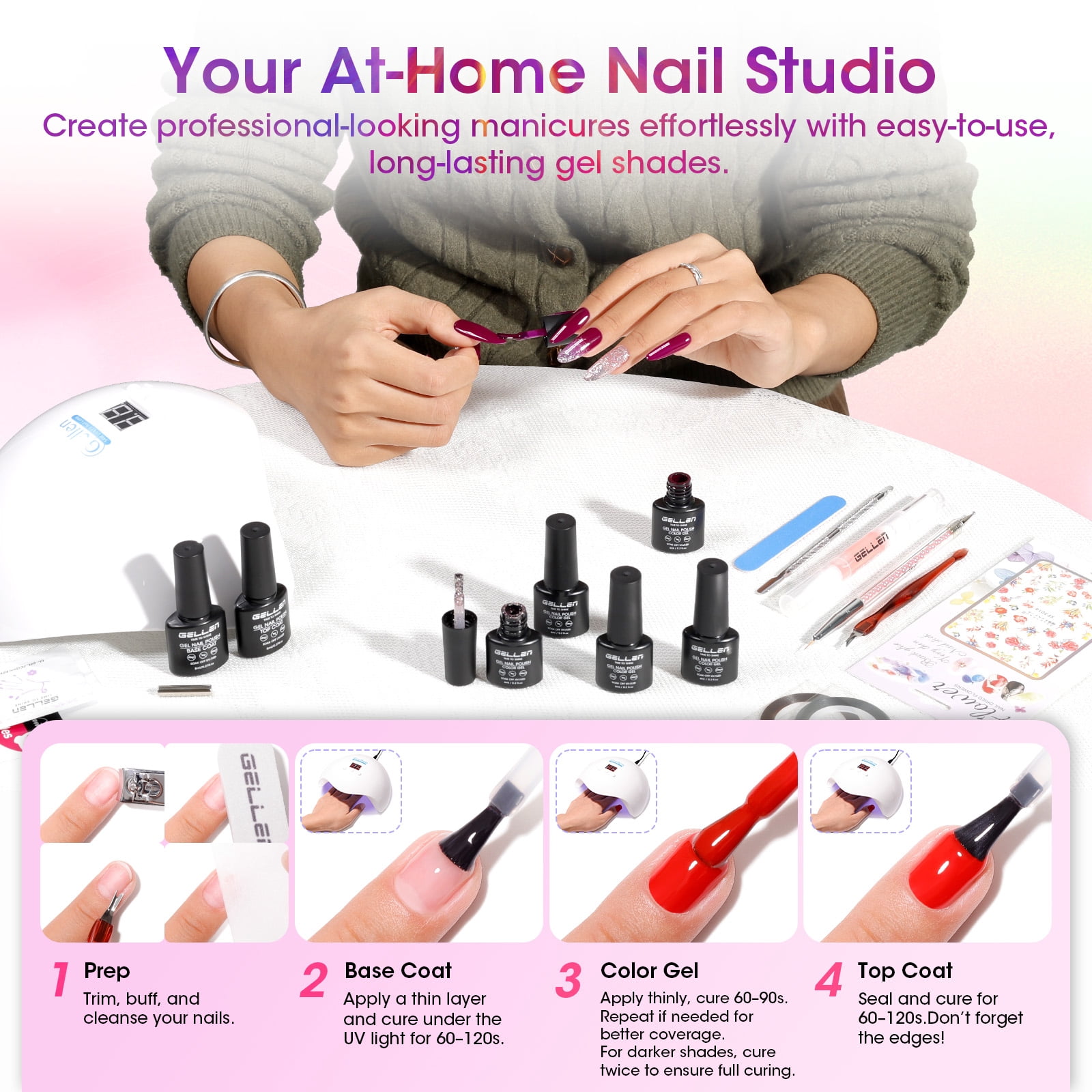 Gellen 71Pcs Gel Nail Polish Kit with 54W UV Light, 32Colors Rainbow Glow All Seasons Hema-Free Gel Polish Set with 5pcs Functional Gel Top Base Coat, Nail Art Salon Manicure for Women