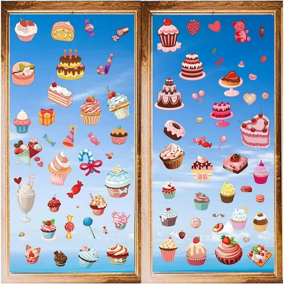 8 Styles Cake Wall Stickers Dessert Food PVC Window Stickers Decals Waterproof Self Adhesive Cling Peel and Stick for Birthday Party Dorm Fridge Bedroom Living Room Store Nursery Decorations Colorful