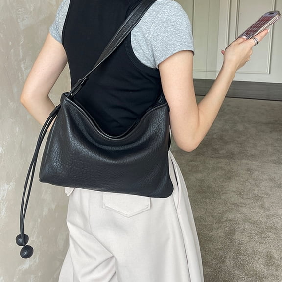 Women's Soft Faux Leather Hobo Crossbody Bag, Bead Drawstring Adjustable, Slouchy Shoulder Purse for Everyday