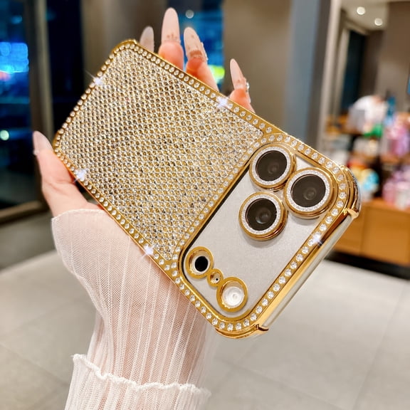 For iPhone 17 Pro Max Bling Rhinestone Phone Case , Luxury Sparkly Diamond Protective Cover, Electroplated Frame, Full Camera Lens Rhinestone Decoration, Shockproof Soft Case for Women Girls, Gold