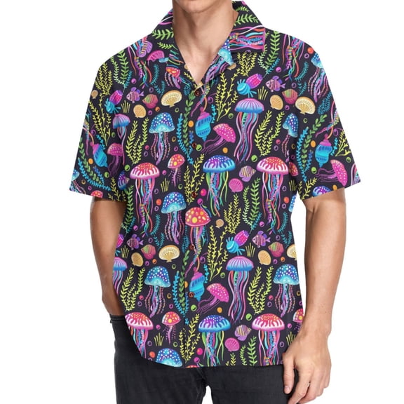 joogoo Men's Hawaiian Shirt Magic Jellyfish Short Sleeve Casual Button Down Shirts M