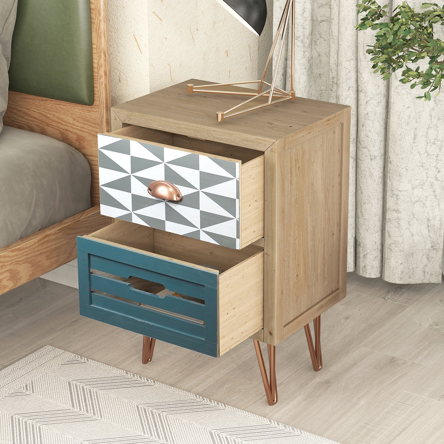 Kepooman Wooden Nightstand with Two Drawer and Metal Feet, Modern Style Bedside Table, Natural Kepooman Wooden Nightstand with Two Drawer and Metal Feet, Modern Style Bedside Table, Natural