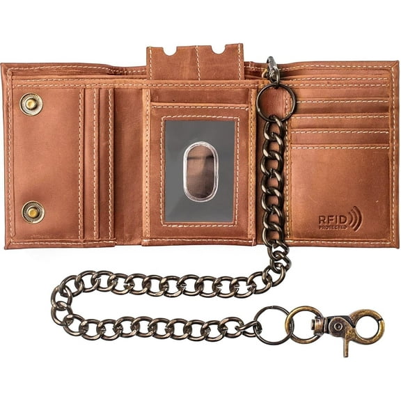 Casual Wallet for Men RFID Blocking Wallet Genuine Leather Wallet with Chain & Key Holder
