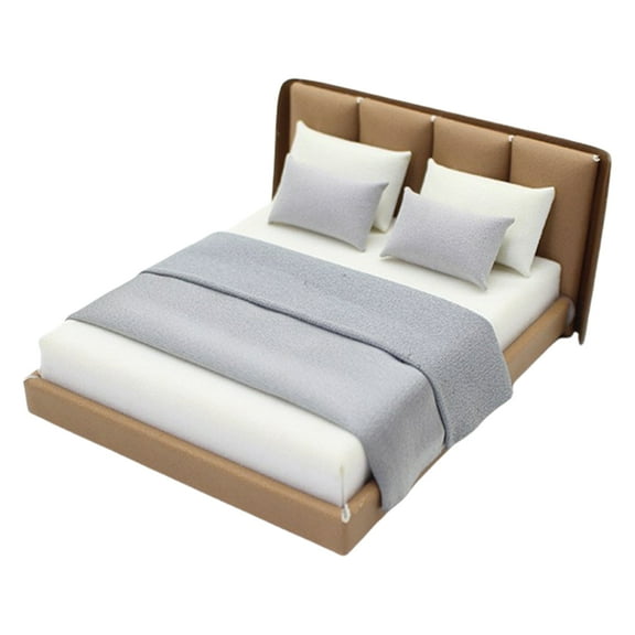 AOOOWER 1/20 Dollhouses Double Bed with Beddings Bedroom Scene Furniture Craft Decoration