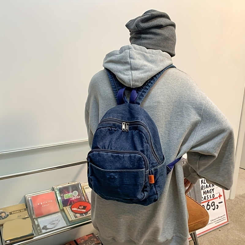 Denim Canvas Backpack, Mini Solid Color School Bag, Casual Travel 