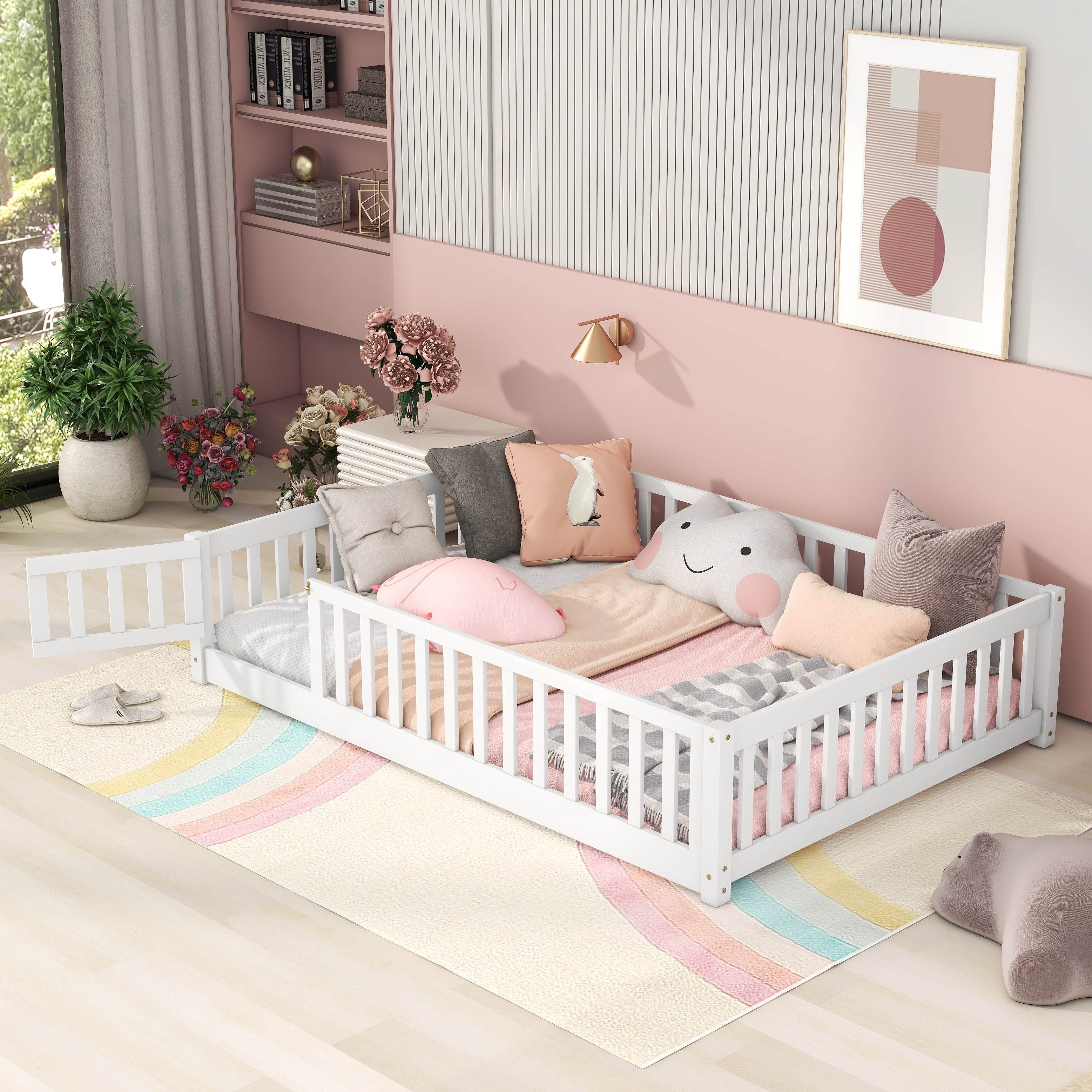 Full Floor Bed for Kids, Solid Wood Montessori Bed Frame Fence & Door