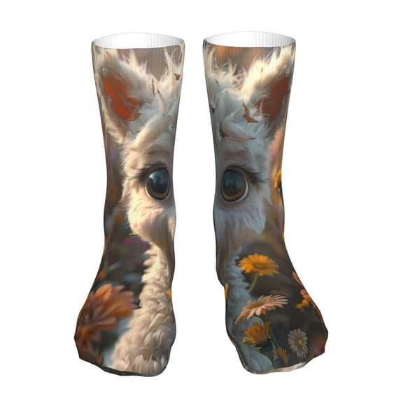 KLL Adorable Llama In Flowers Print Womens Crew Socks Athletic Middle Tube Long Socks Novelty Socks Gifts For Men
