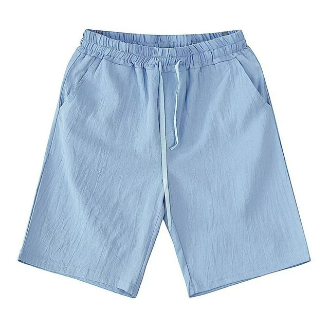 Pantalones cortos casuales sueltos de verano para hombre, de algodón y lino, de color puro, con cordón y cintura elástica, para entrenamiento, con bolsillo, azul cielo XL
