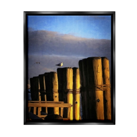 Stupell Industries Seagull Perched on Pier Animals & Insects Painting Black Floater Framed Canvas Art Print Wall Art, 17 x 21