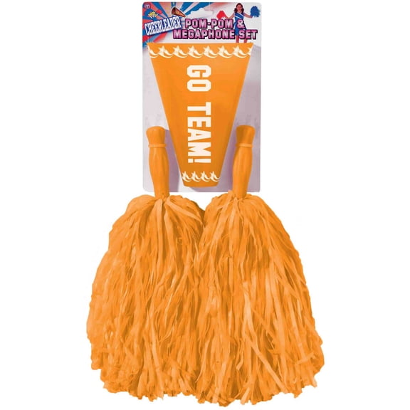 Deluxe Cheerleader Accessory Set With 2 Orange Pom Poms and Megaphone