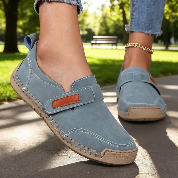 Commforr Slip On Sneakers Women, Flat Booties for Women, Women Casual Slip-On Loafers Hand-Stitched Leather Boat Shoes with Hook-Loop Strap Anti-Slip Soft Sole for Driving Walking Outdoor, Blue, 6