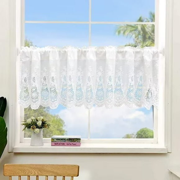ZH.H Cotton Lace Kitchen Valance Flower Embroidered Curtain Cafe Hollow Retro Countryside Short Window Decor White 57" x 21"