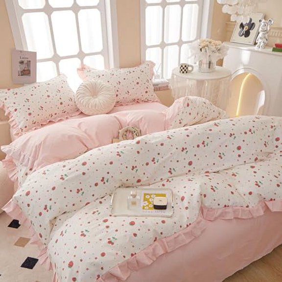 HighBuy Strawberry Print Comforter Set Twin XL Cute Fruit Bedding Set Ruffle Comforter with 2 Pillowcases Fluffy Reversible College Girl Bedding Comforter Set for All Seasons