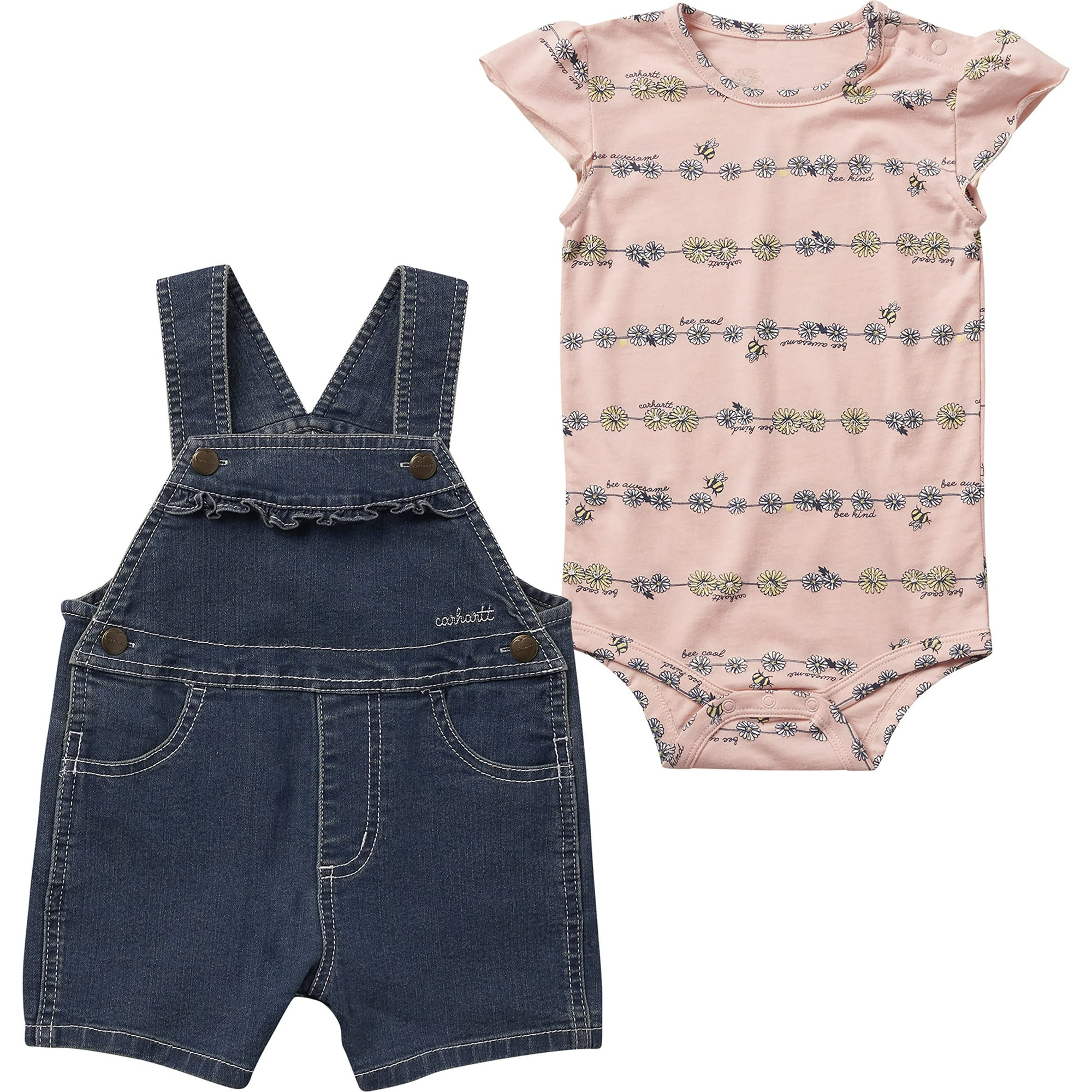 Carhartt Baby Girls Short Sleeve Daisy Chain Print Bodysuit Denim Shortall Set Denim Medium Wash 9 Months