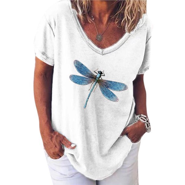 Guardurnaity Camisa de manga corta con cuello en V y estampado de libélula para mujer Prendas para la parte del cuerpo Blanco L Guardurnaity AP002002-03