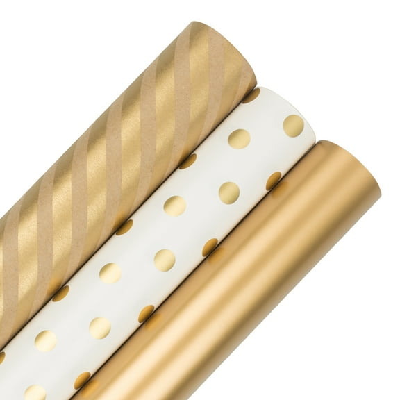 JAM Paper Holiday Wrapping Paper, 75 Sq Ft Total, 3/Pack, Gold Collection Gift Wrap Set