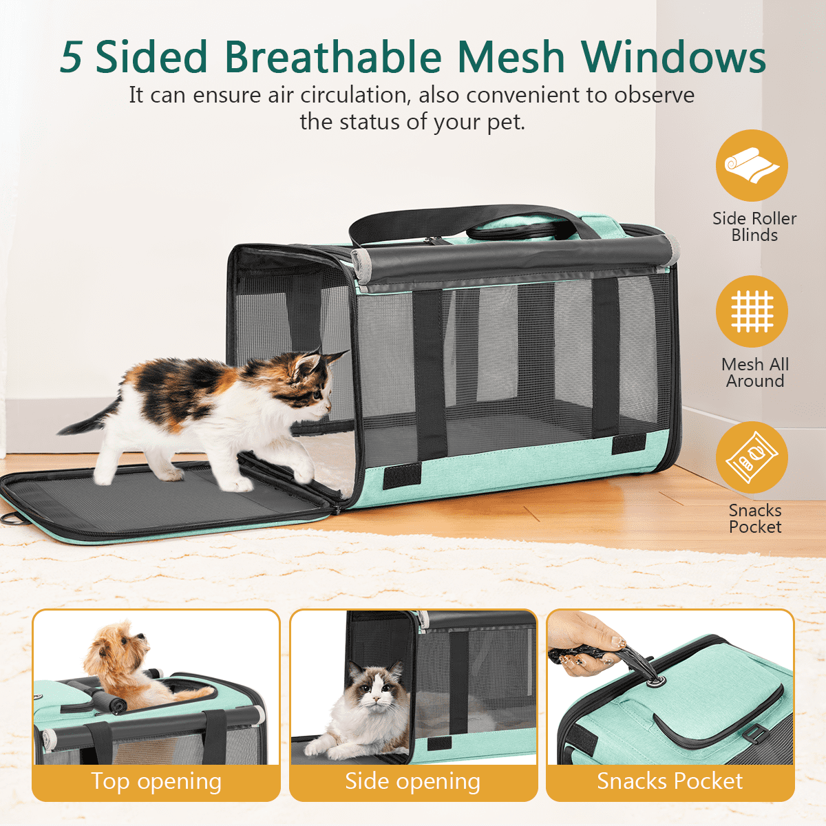 CshidWorld Cat Carriers for Large Cats up to 25LB, Large Cat Carrier with a Bowl, Soft Sided Carrier with 2 Side Roller Blinds for Pet Cat Kitten Small Dog Puppies Airline Approved, Green