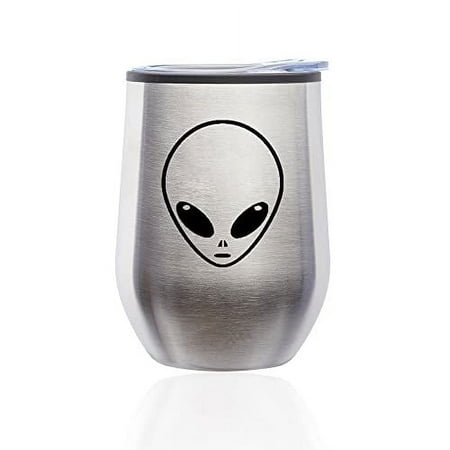 

Stemless Wine Tumbler Coffee Travel Mug Glass with Lid Alien Head (Silver)